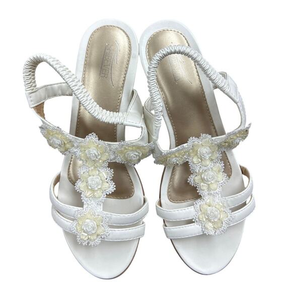 Shibever Womens 9.5 White Elastic Strap Open Toe Flower 2.25" Wedge Heel Shoes - Picture 3 of 6